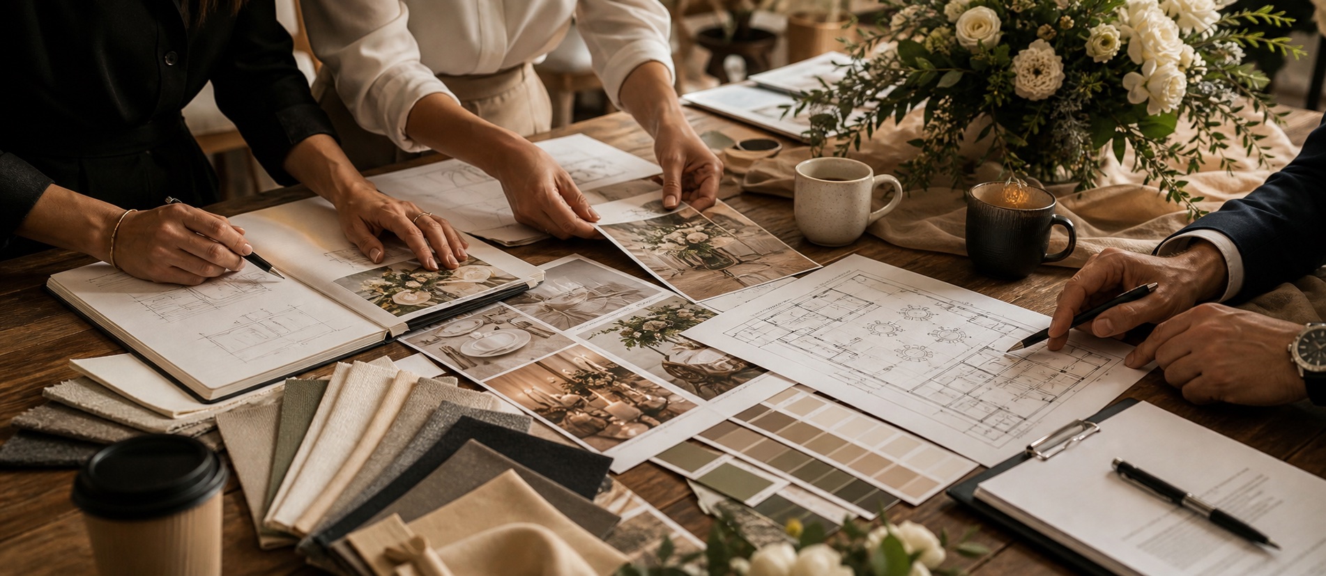 Planificación de eventos con moodboards, flores y materiales de producción