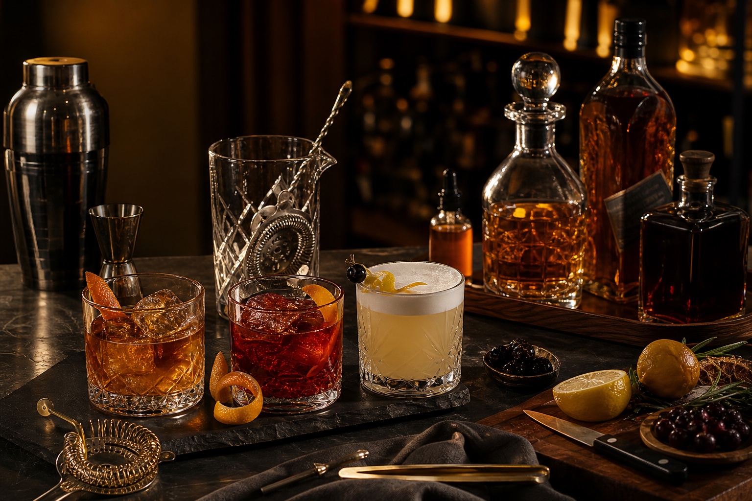 Mesa de coctelería con Old Fashioned, Negroni, Whisky Sour y herramientas de mixología