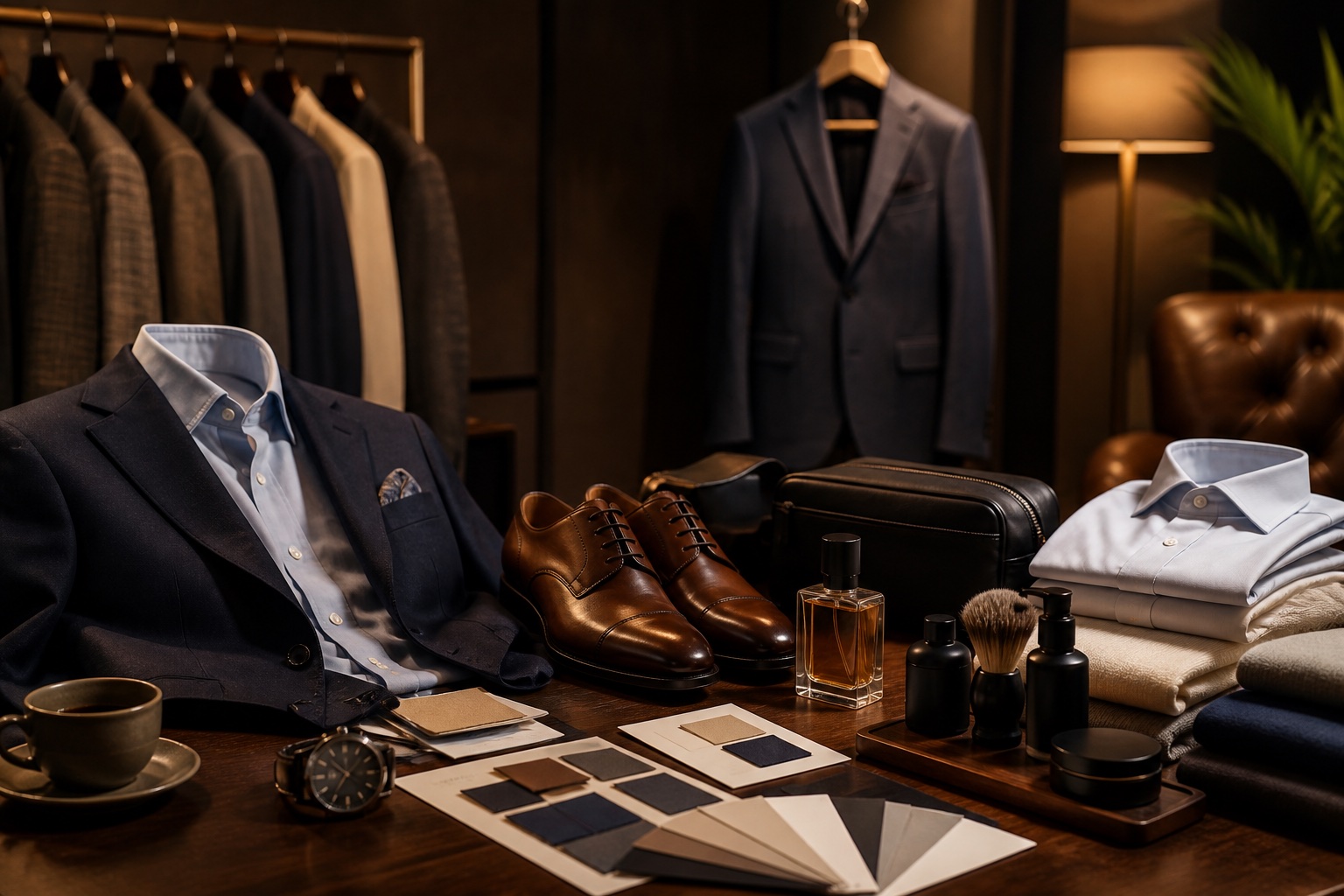 Mesa de imagen masculina con blazer, zapatos, reloj, kit de cuidado personal y muestras de color