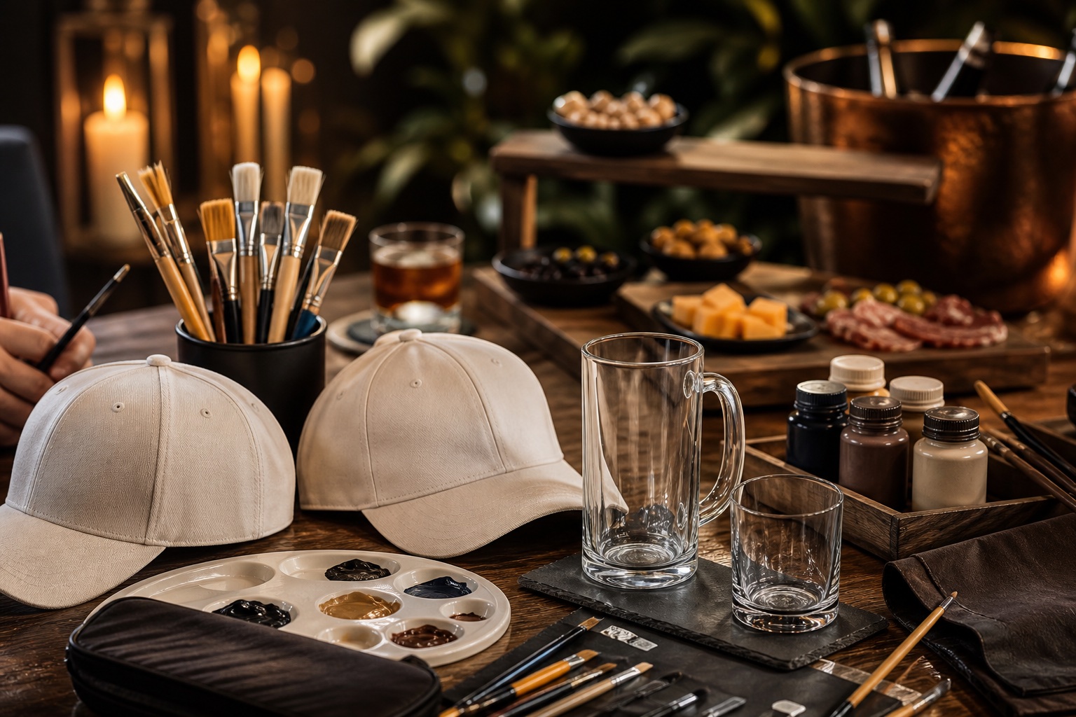 Mesa creativa con gorra, taza cervecera, vaso para whisky, pinturas, bebidas y tapas
