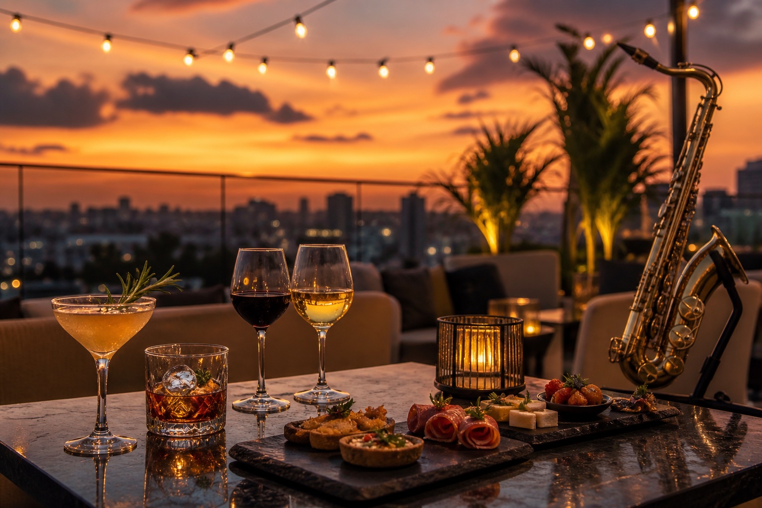 Experiencia Sunset and Sax con cóctel, tapas gourmet, saxofón y cata de vino o ron